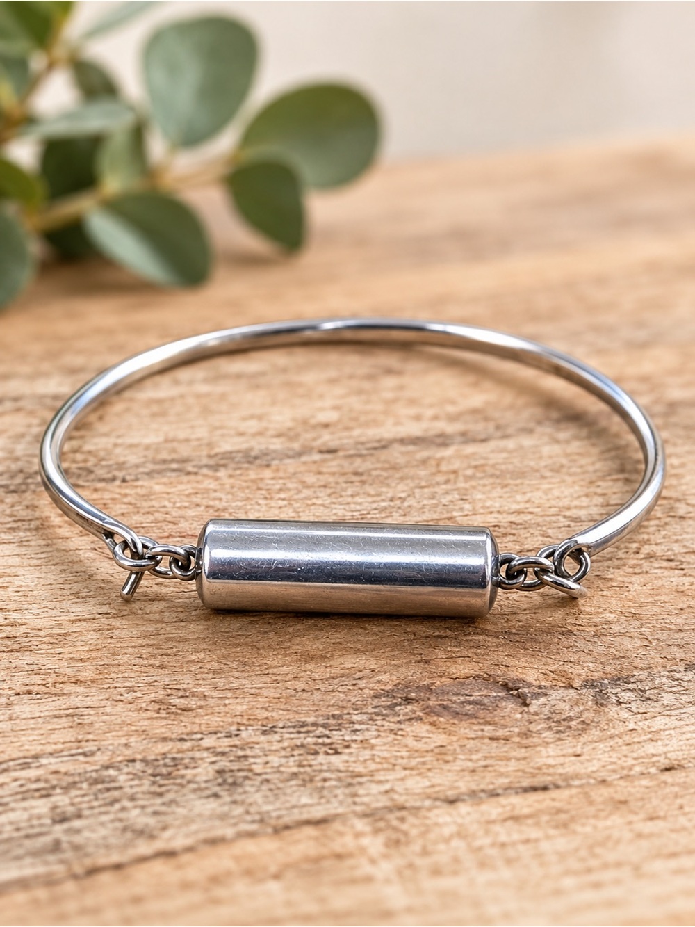 Silver Tone Cylinder Bar Bangle Bracelet Minimalist Modern Jewelry